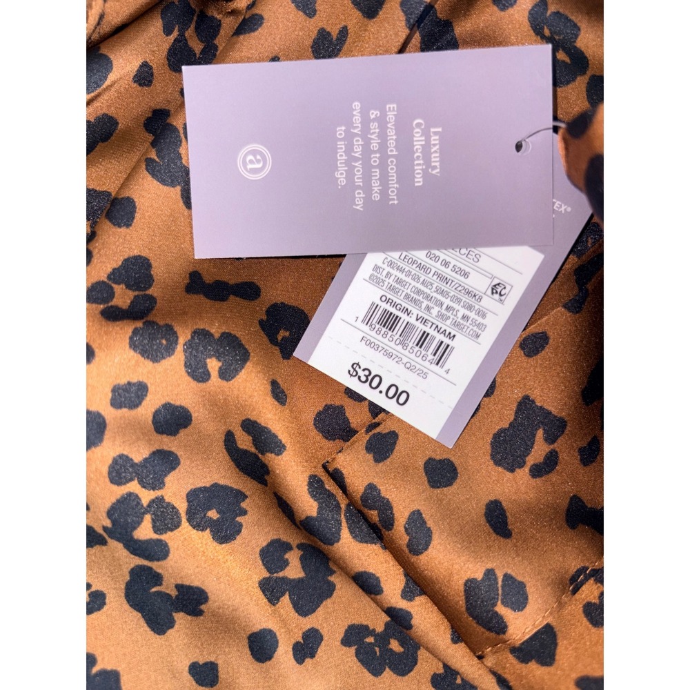 Auden Luxe Satin Pajama Top Large Brown New Leopard Print Button Down Shirt - Picture 6 of 10